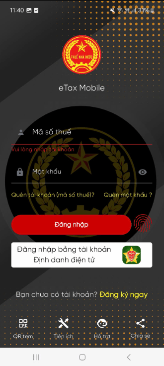 Hướng dẫn xác thực tờ khai đăng ký, thay đổi thông tin sử dụng Hóa đơn điện tử trên Etax Mobile 1 ETax B1