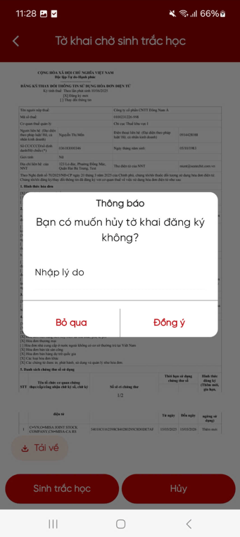 Hướng dẫn xác thực tờ khai đăng ký, thay đổi thông tin sử dụng Hóa đơn điện tử trên Etax Mobile 16 ETax B2.3
