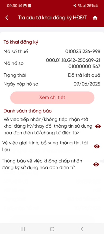 Hướng dẫn xác thực tờ khai đăng ký, thay đổi thông tin sử dụng Hóa đơn điện tử trên Etax Mobile 31 ETax B4.1
