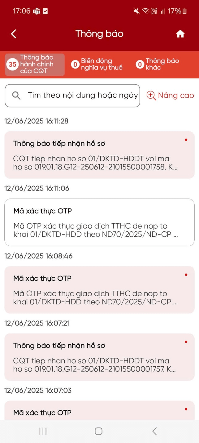 Hướng dẫn xác thực tờ khai đăng ký, thay đổi thông tin sử dụng Hóa đơn điện tử trên Etax Mobile 34 ETax B4.2